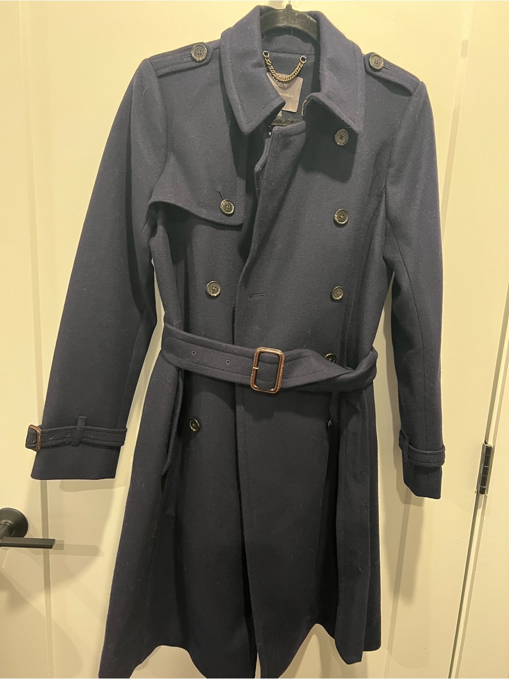 J. Crew Navy Double-Breasted Wool Trench Coat with Belt